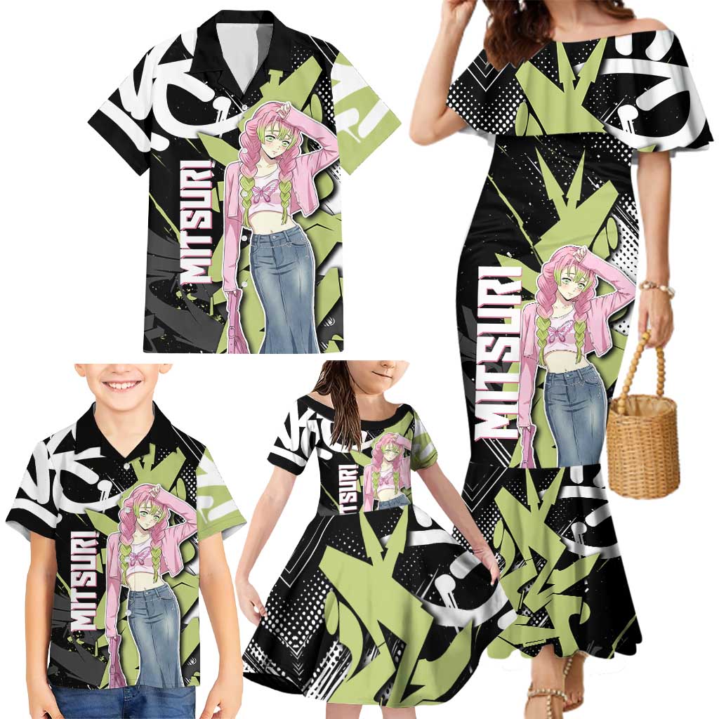 Mitsuri Kanroji Demon Slayer Family Matching Mermaid Dress and Hawaiian Shirt Green & Black Graffiti Anime