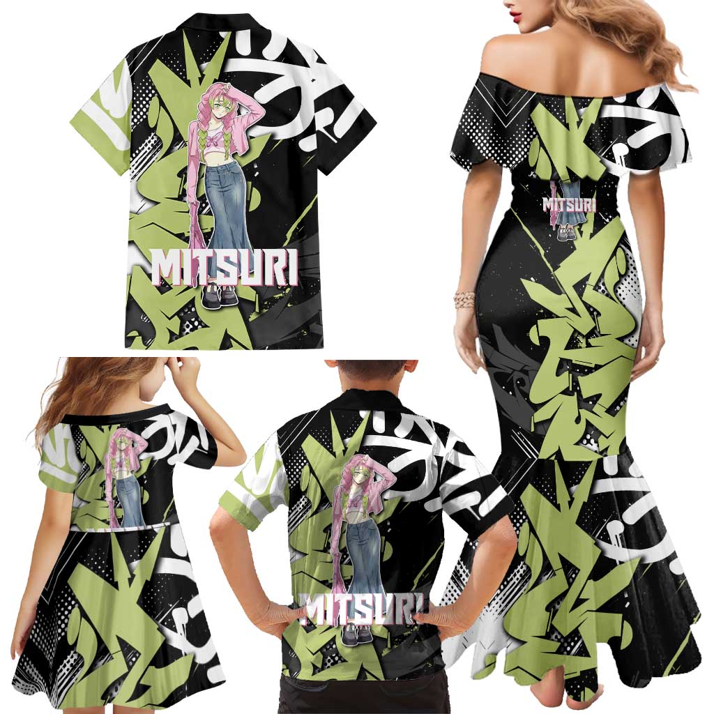 Mitsuri Kanroji Demon Slayer Family Matching Mermaid Dress and Hawaiian Shirt Green & Black Graffiti Anime