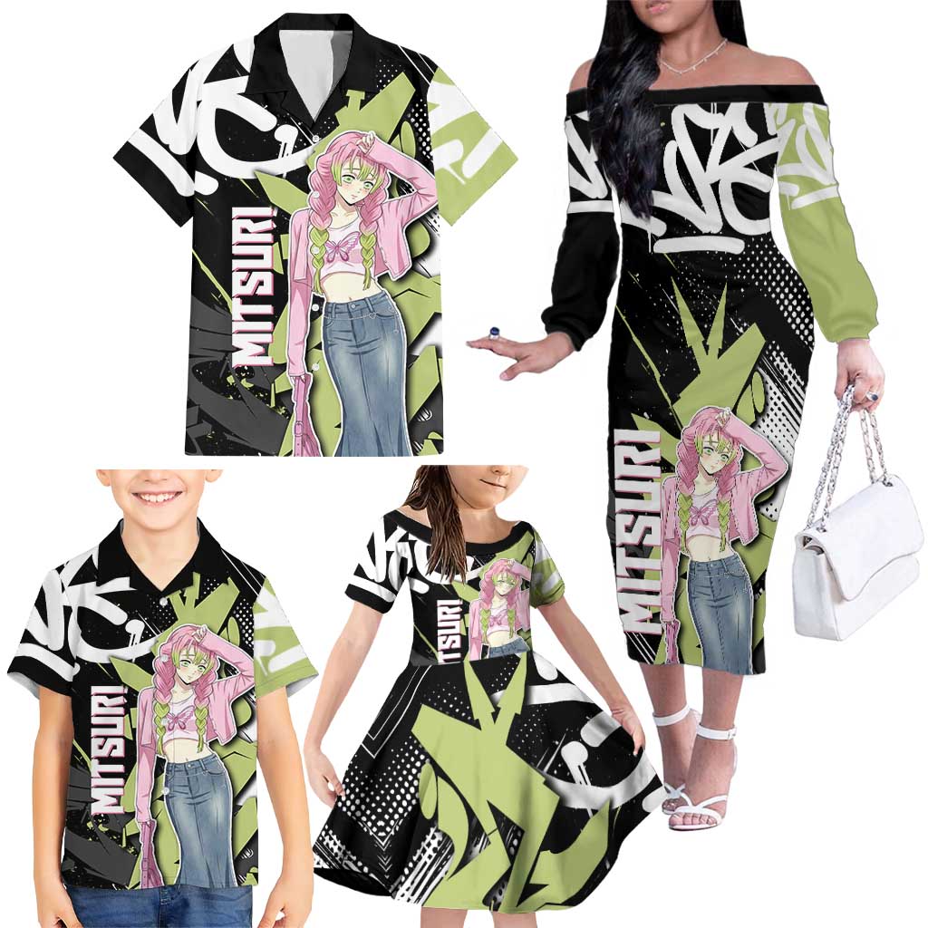 Mitsuri Kanroji Demon Slayer Family Matching Off The Shoulder Long Sleeve Dress and Hawaiian Shirt Green & Black Graffiti Anime