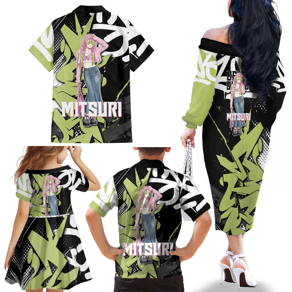 Mitsuri Kanroji Demon Slayer Family Matching Off The Shoulder Long Sleeve Dress and Hawaiian Shirt Green & Black Graffiti Anime