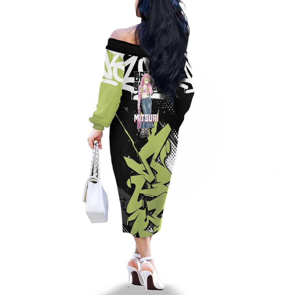 Mitsuri Kanroji Demon Slayer Family Matching Off The Shoulder Long Sleeve Dress and Hawaiian Shirt Green & Black Graffiti Anime