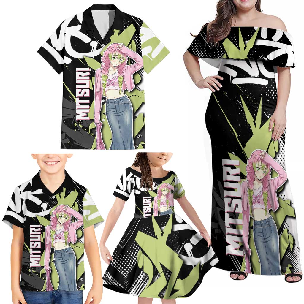 Mitsuri Kanroji Demon Slayer Family Matching Off Shoulder Maxi Dress and Hawaiian Shirt Green & Black Graffiti Anime