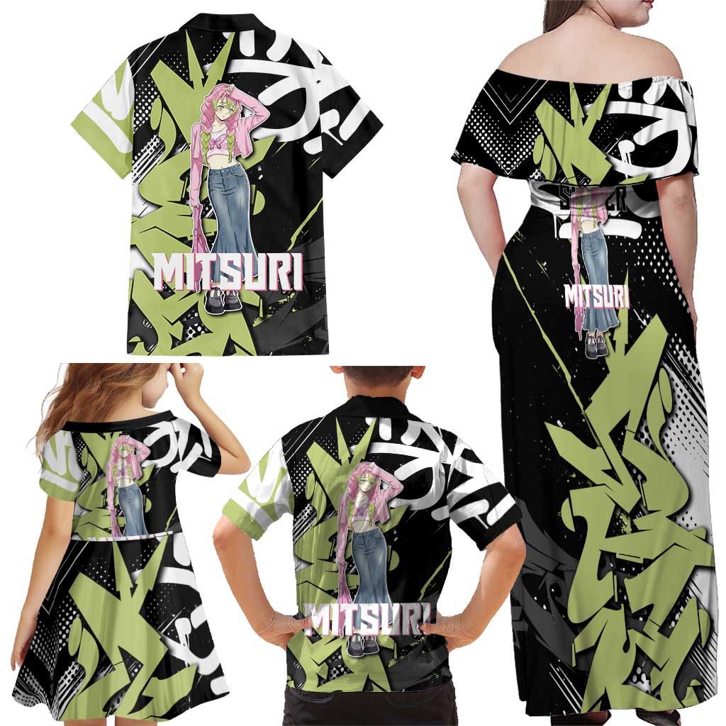 Mitsuri Kanroji Demon Slayer Family Matching Off Shoulder Maxi Dress and Hawaiian Shirt Green & Black Graffiti Anime