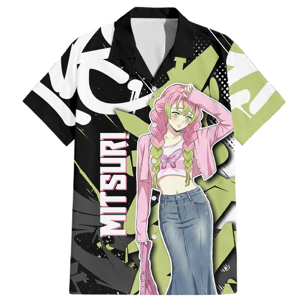 Mitsuri Kanroji Demon Slayer Family Matching Off Shoulder Maxi Dress and Hawaiian Shirt Green & Black Graffiti Anime