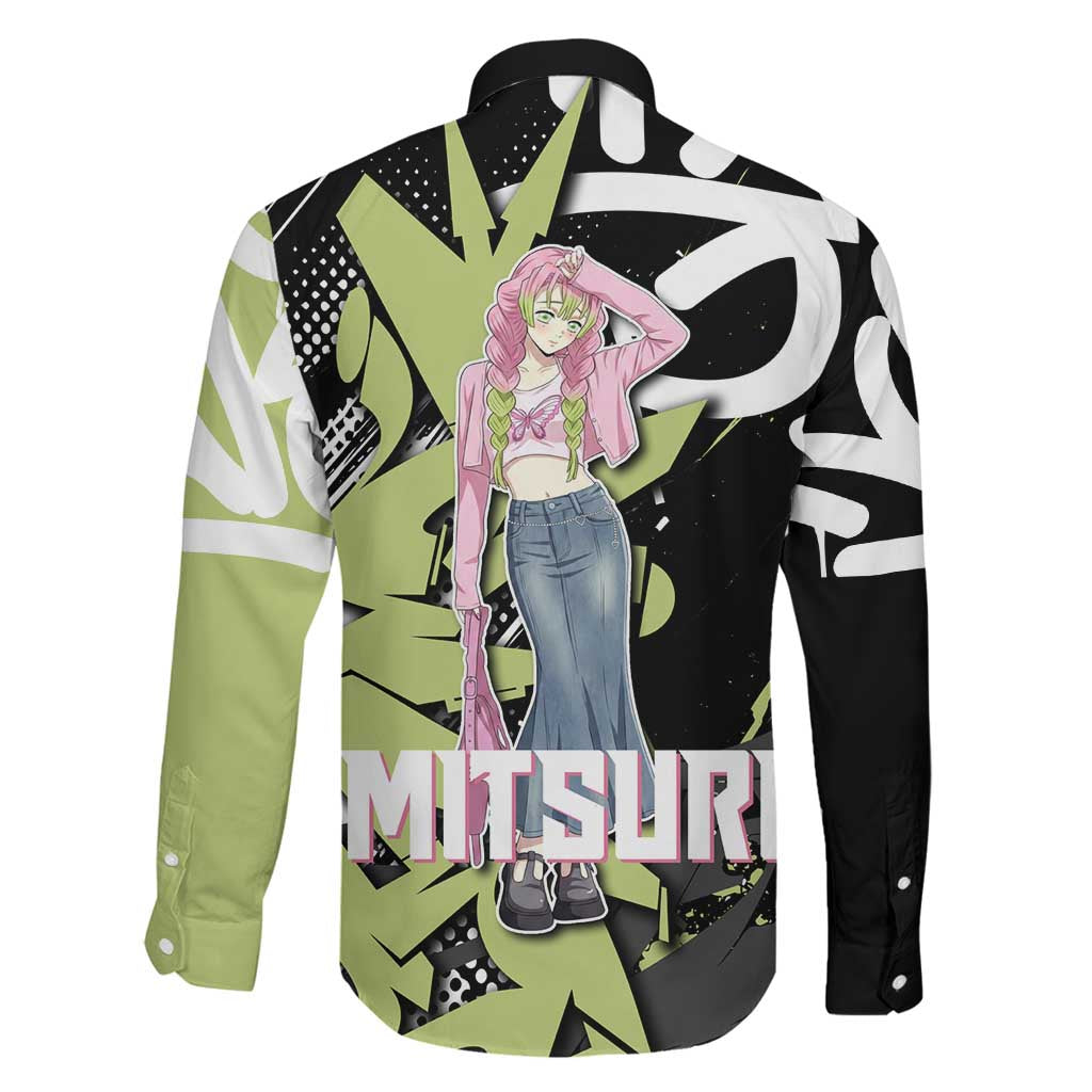 Mitsuri Kanroji Demon Slayer Family Matching Off Shoulder Maxi Dress and Hawaiian Shirt Green & Black Graffiti Anime