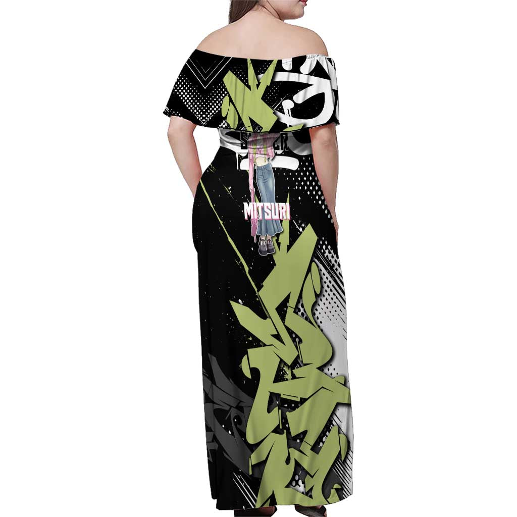 Mitsuri Kanroji Demon Slayer Family Matching Off Shoulder Maxi Dress and Hawaiian Shirt Green & Black Graffiti Anime