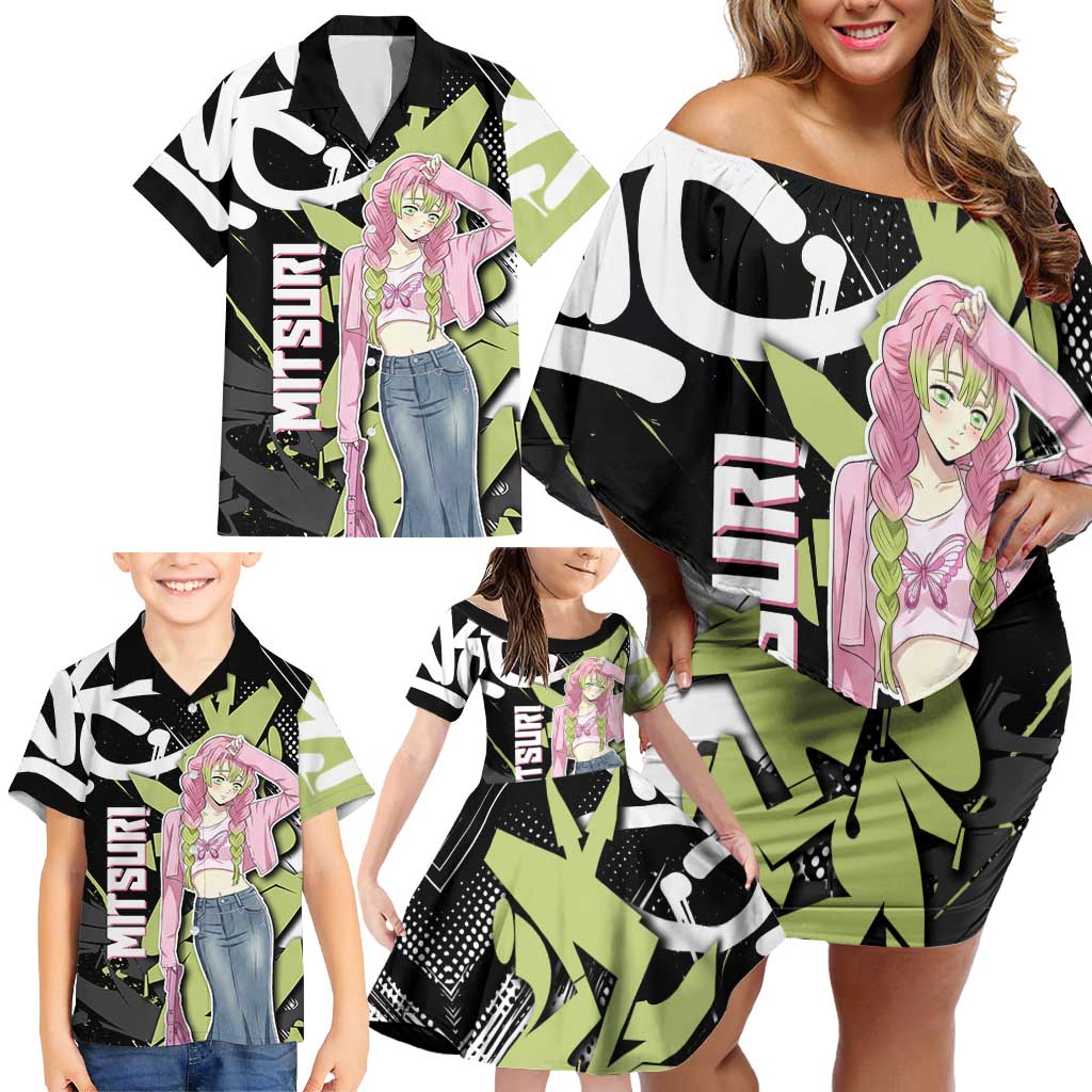 Mitsuri Kanroji Demon Slayer Family Matching Off Shoulder Short Dress and Hawaiian Shirt Green & Black Graffiti Anime