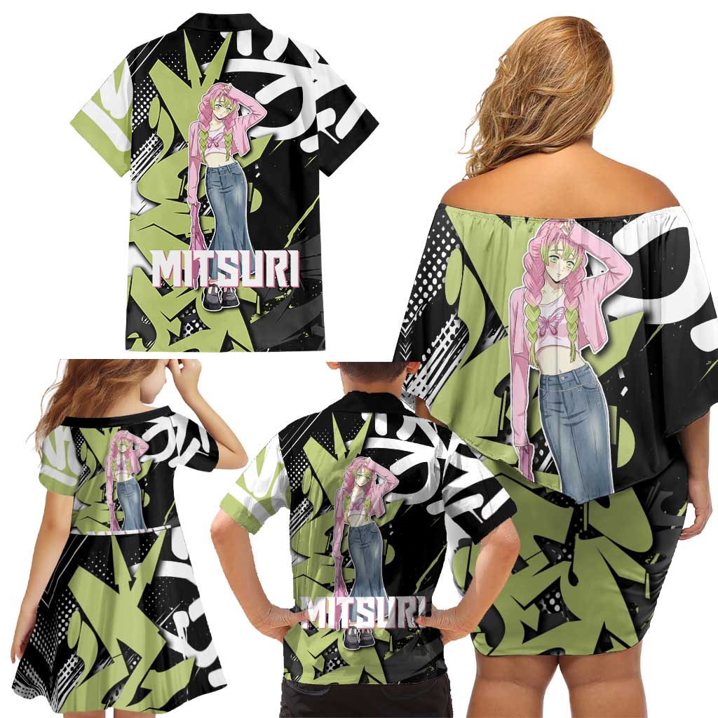 Mitsuri Kanroji Demon Slayer Family Matching Off Shoulder Short Dress and Hawaiian Shirt Green & Black Graffiti Anime