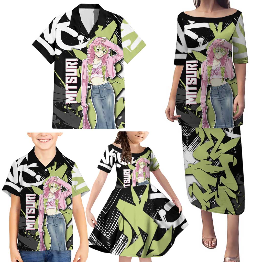 Mitsuri Kanroji Demon Slayer Family Matching Puletasi and Hawaiian Shirt Green & Black Graffiti Anime
