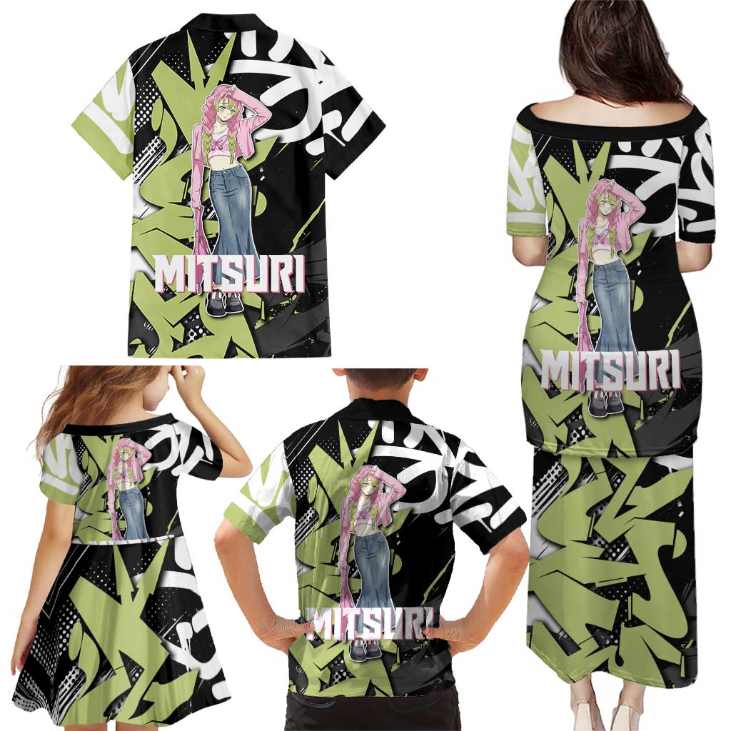 Mitsuri Kanroji Demon Slayer Family Matching Puletasi and Hawaiian Shirt Green & Black Graffiti Anime
