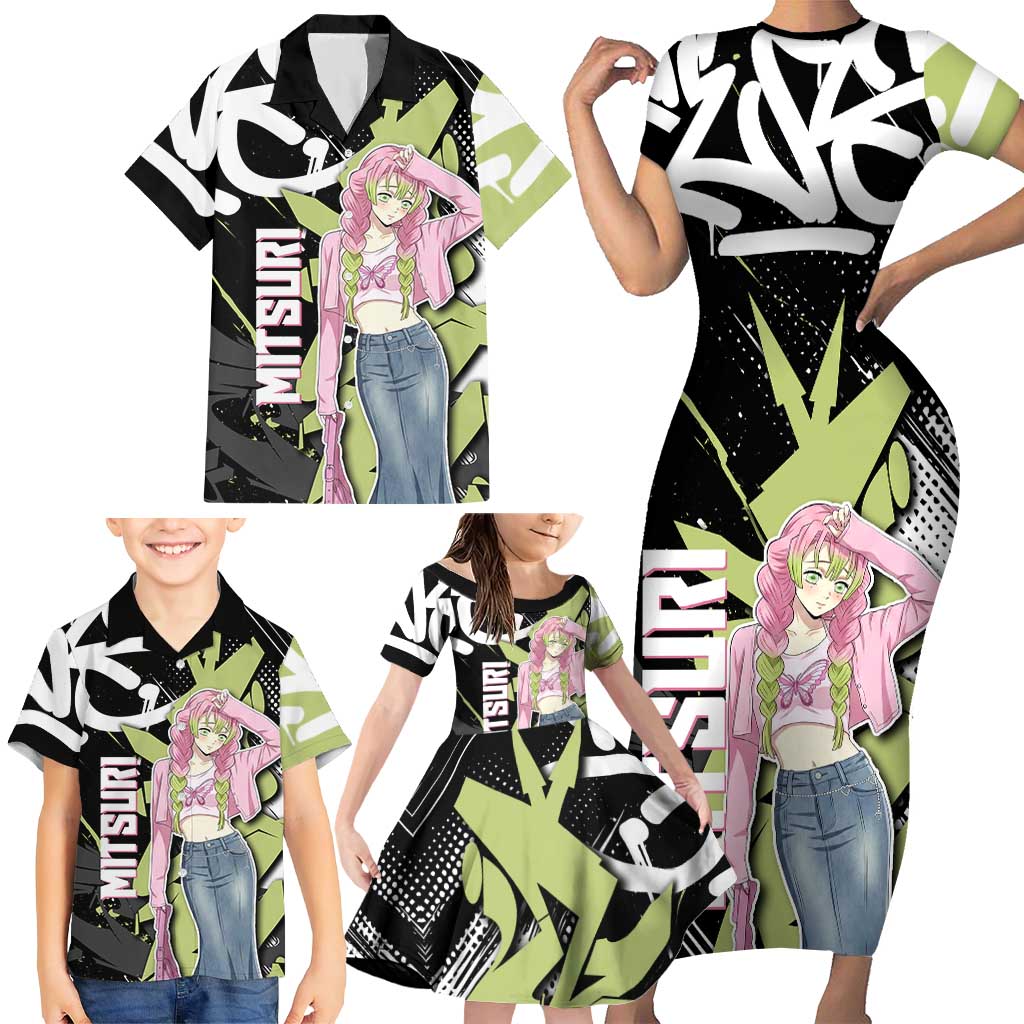 Mitsuri Kanroji Demon Slayer Family Matching Short Sleeve Bodycon Dress and Hawaiian Shirt Green & Black Graffiti Anime