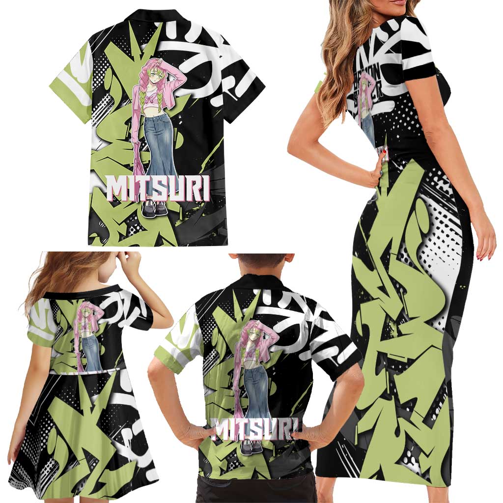 Mitsuri Kanroji Demon Slayer Family Matching Short Sleeve Bodycon Dress and Hawaiian Shirt Green & Black Graffiti Anime