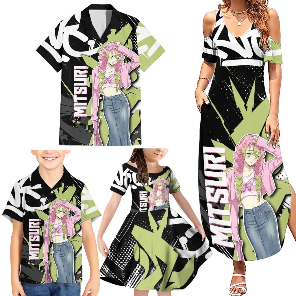 Mitsuri Kanroji Demon Slayer Family Matching Summer Maxi Dress and Hawaiian Shirt Green & Black Graffiti Anime