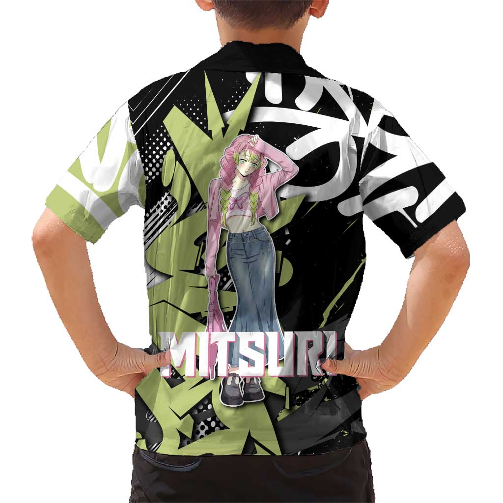 Mitsuri Kanroji Demon Slayer Family Matching Summer Maxi Dress and Hawaiian Shirt Green & Black Graffiti Anime