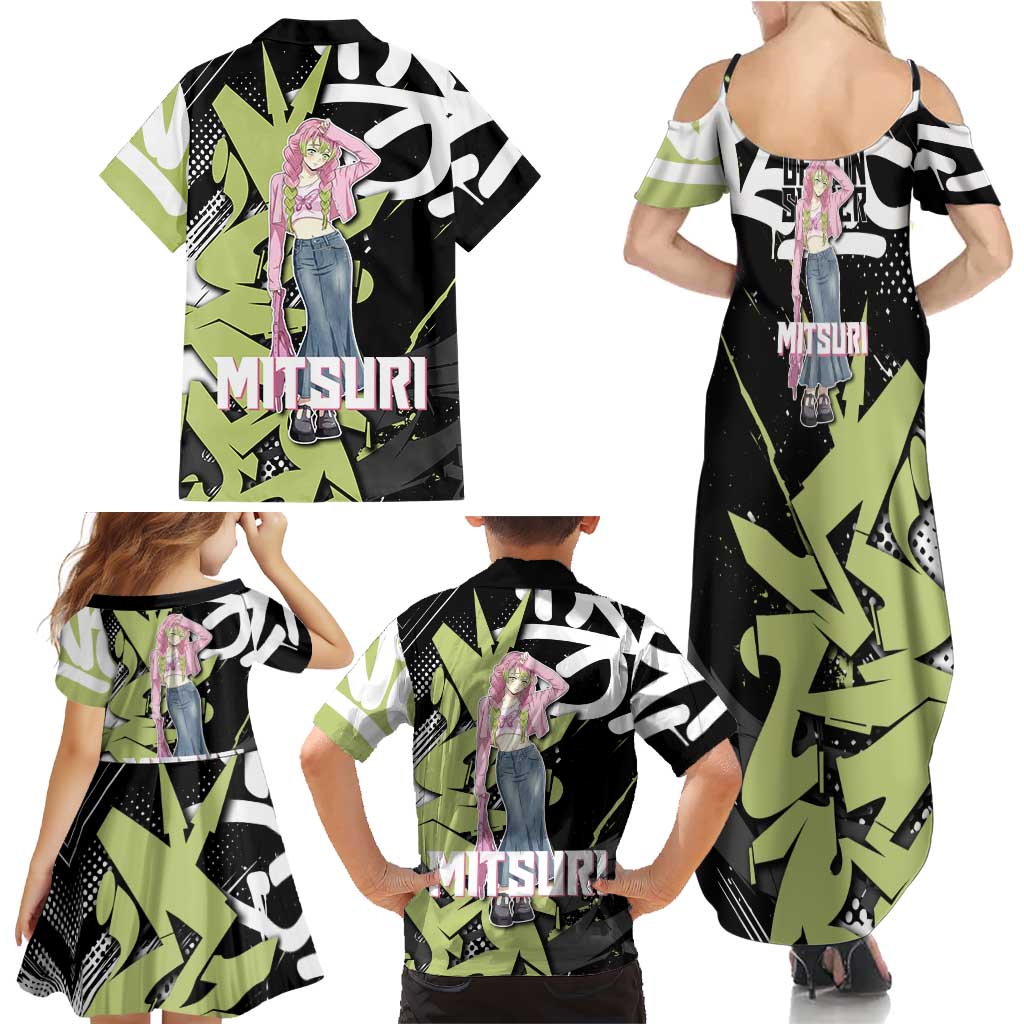 Mitsuri Kanroji Demon Slayer Family Matching Summer Maxi Dress and Hawaiian Shirt Green & Black Graffiti Anime