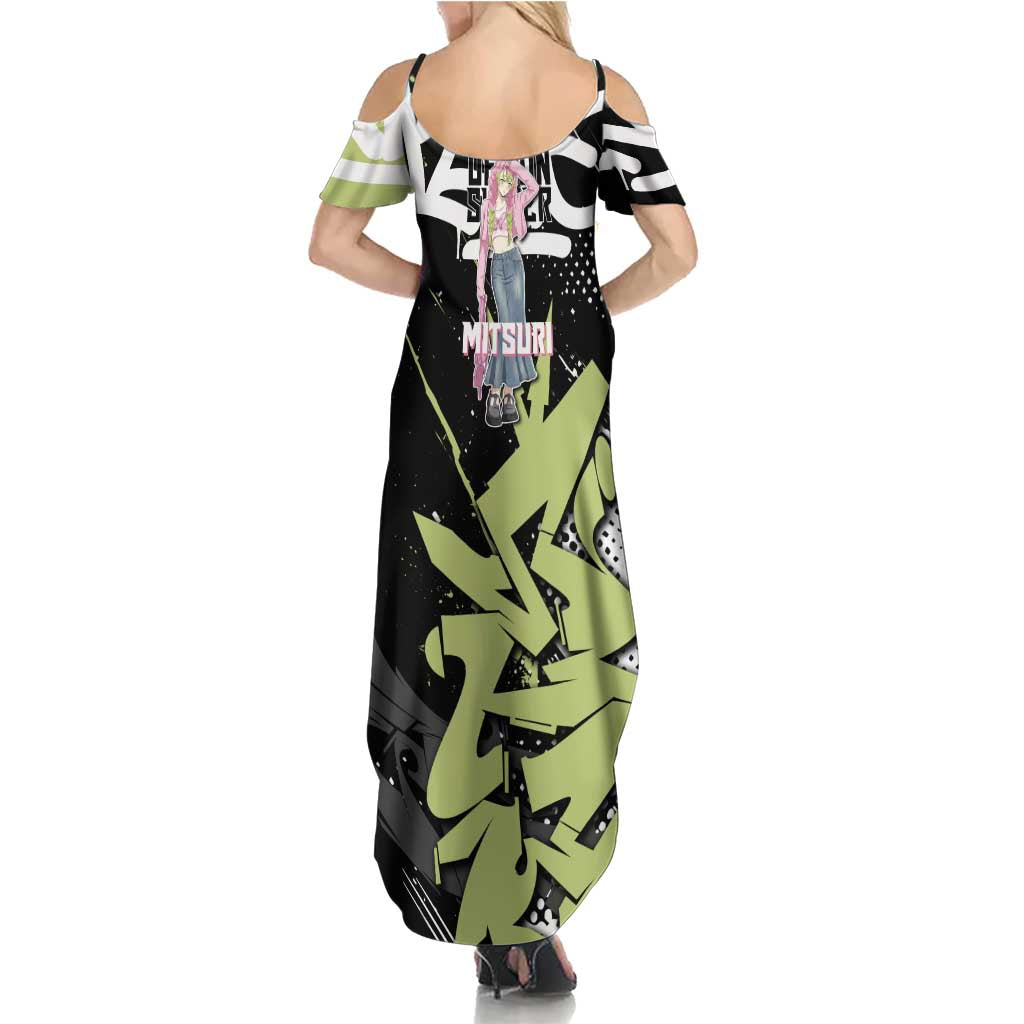 Mitsuri Kanroji Demon Slayer Family Matching Summer Maxi Dress and Hawaiian Shirt Green & Black Graffiti Anime