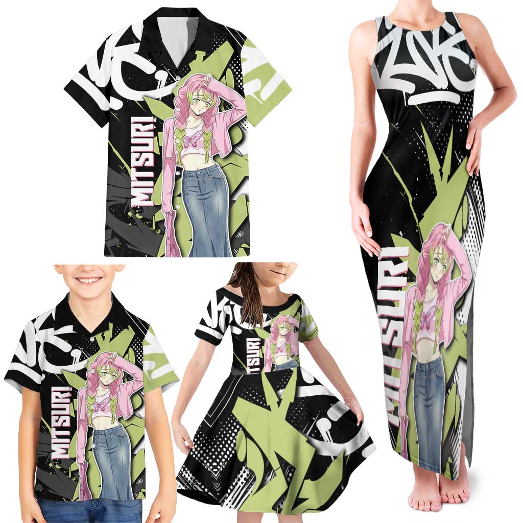Mitsuri Kanroji Demon Slayer Family Matching Tank Maxi Dress and Hawaiian Shirt Green & Black Graffiti Anime