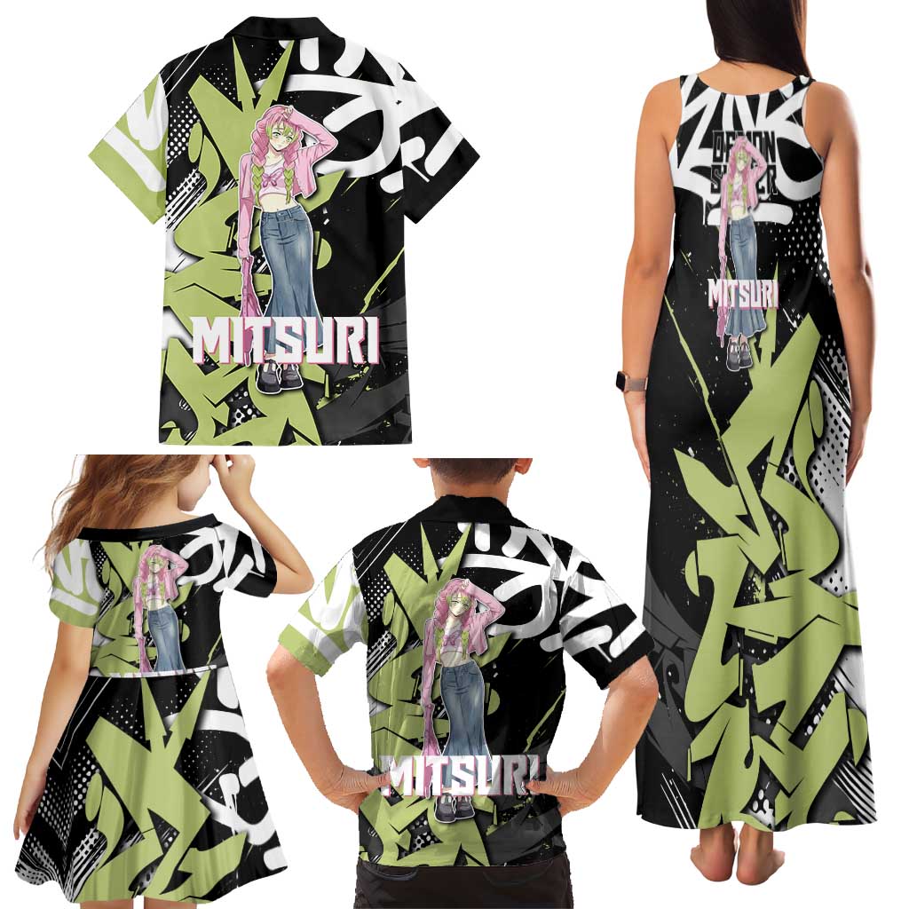 Mitsuri Kanroji Demon Slayer Family Matching Tank Maxi Dress and Hawaiian Shirt Green & Black Graffiti Anime