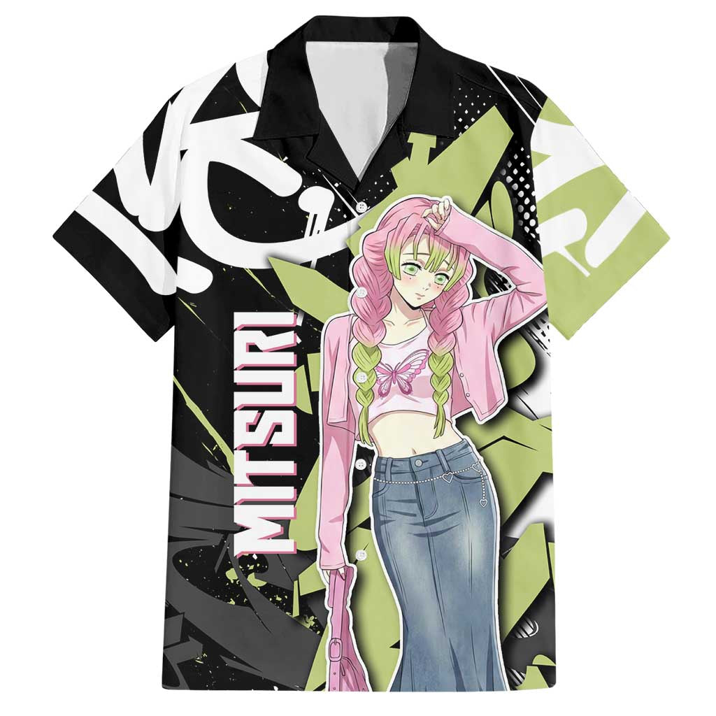 Mitsuri Kanroji Demon Slayer Hawaiian Shirt Green & Black Graffiti Anime