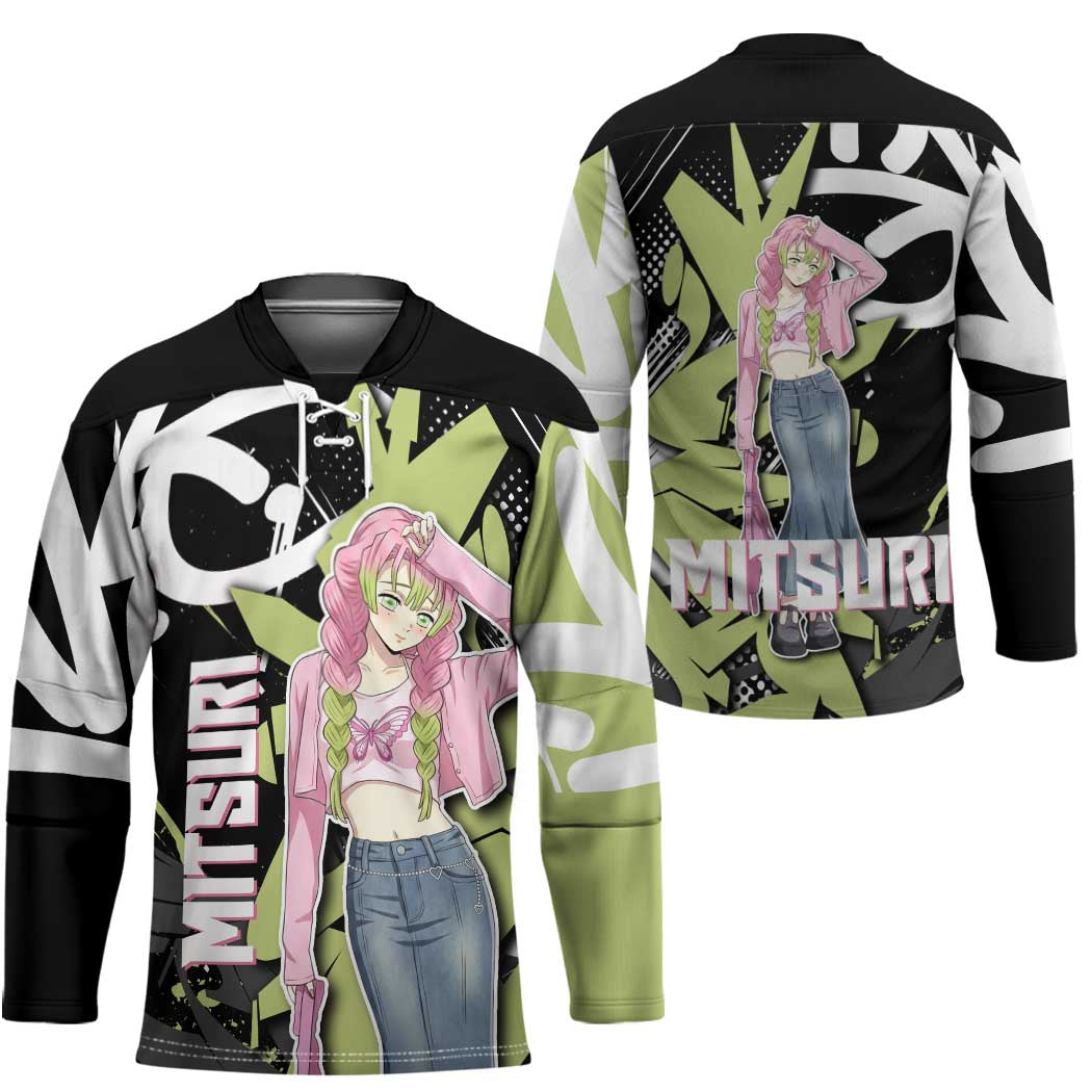 Mitsuri Kanroji Demon Slayer Hockey Jersey Green & Black Graffiti Anime