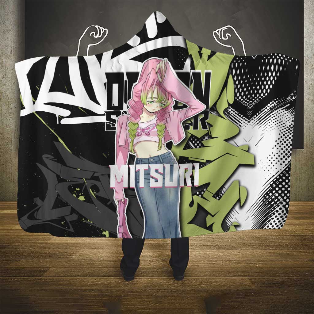 Mitsuri Kanroji Demon Slayer Hooded Blanket Green & Black Graffiti Anime