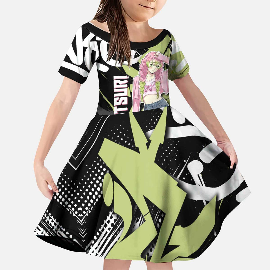 Mitsuri Kanroji Demon Slayer Kid Short Sleeve Dress Green & Black Graffiti Anime