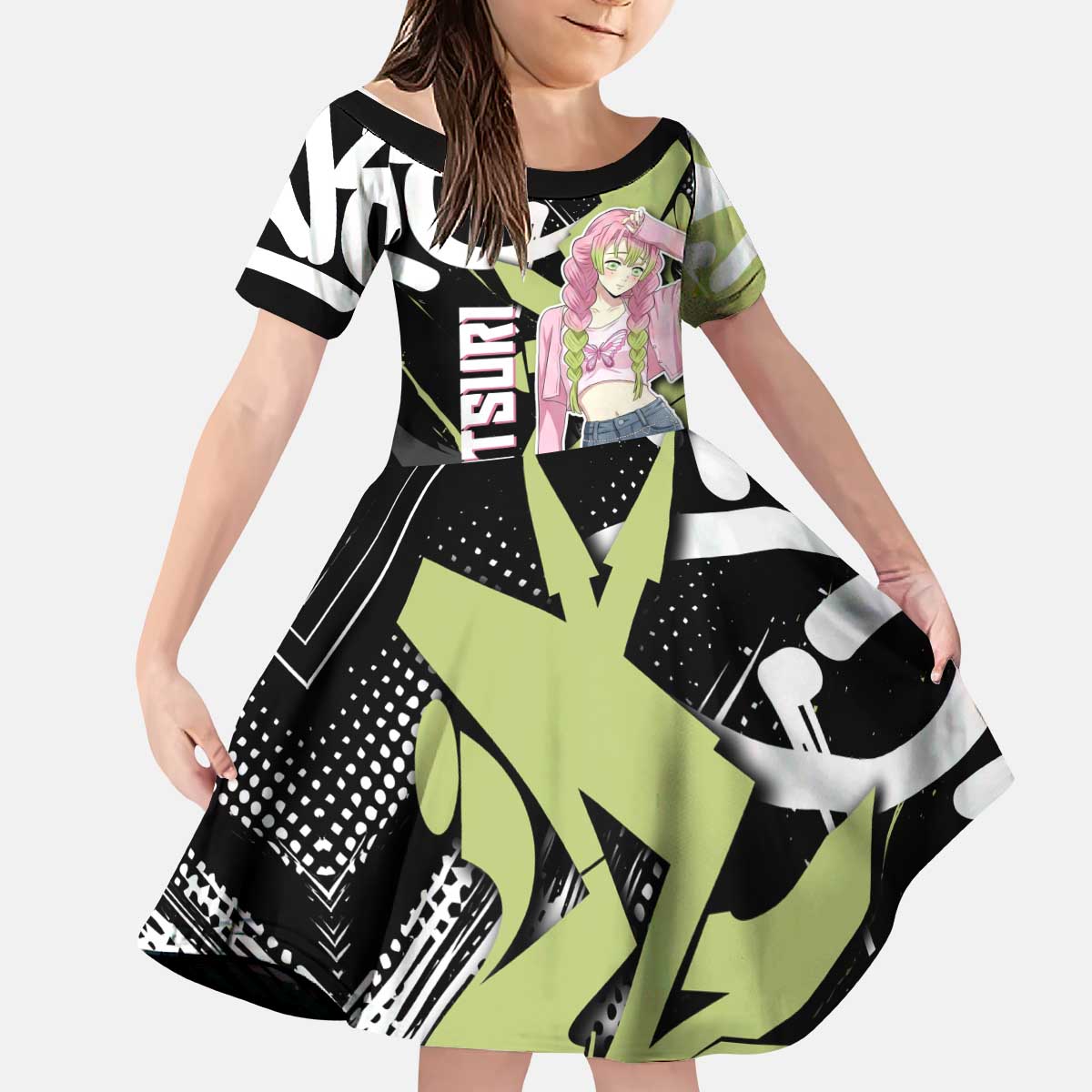 Mitsuri Kanroji Demon Slayer Kid Short Sleeve Dress Green & Black Graffiti Anime