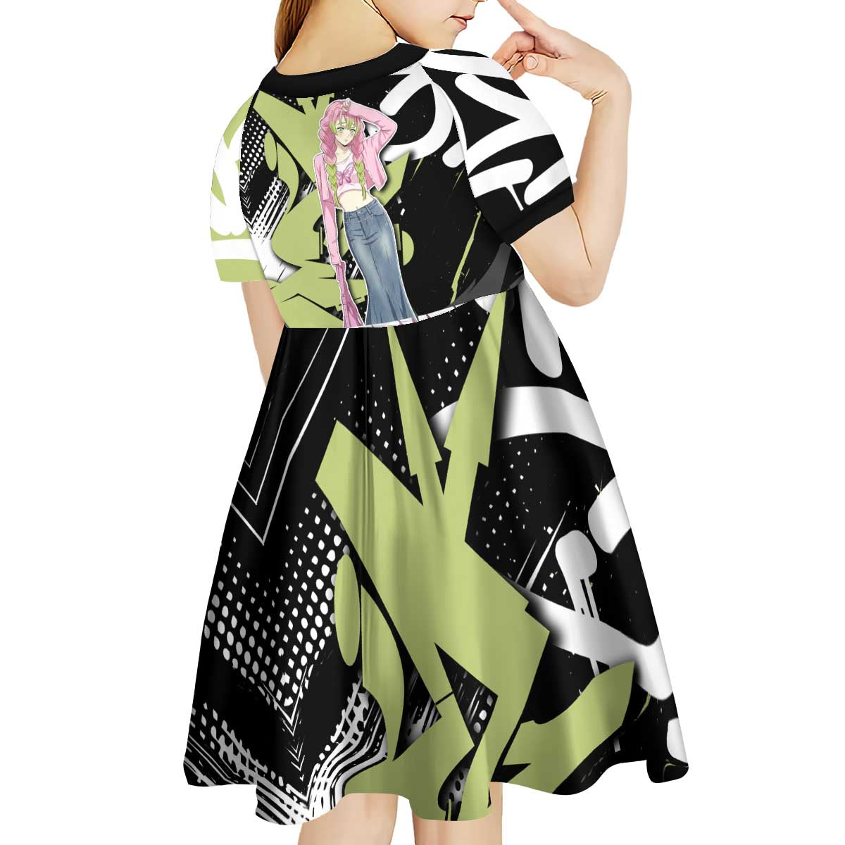 Mitsuri Kanroji Demon Slayer Kid Short Sleeve Dress Green & Black Graffiti Anime