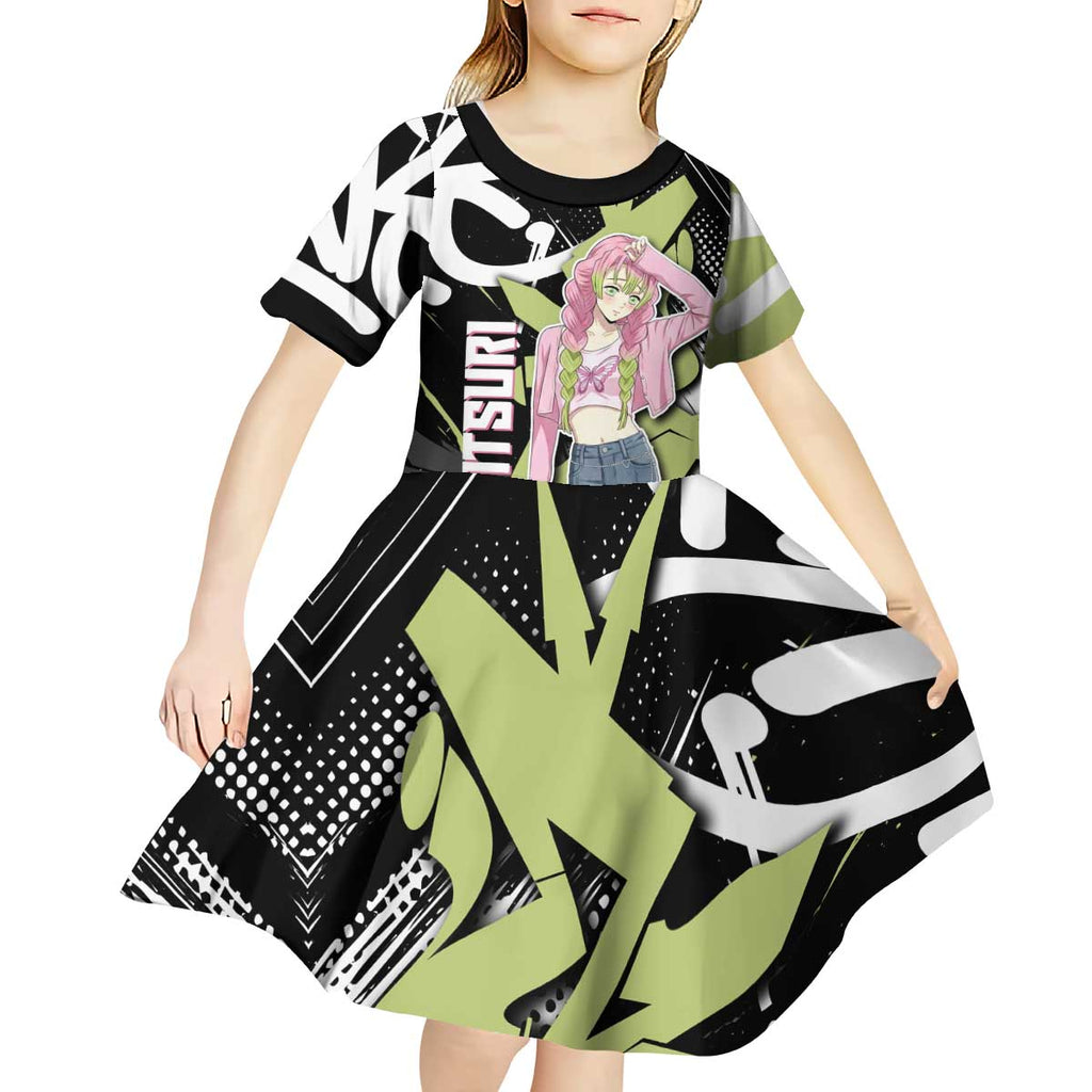 Mitsuri Kanroji Demon Slayer Kid Short Sleeve Dress Green & Black Graffiti Anime