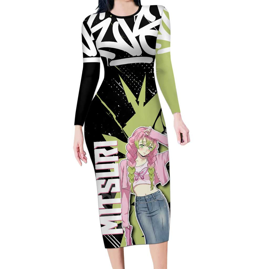 Mitsuri Kanroji Demon Slayer Long Sleeve Bodycon Dress Green & Black Graffiti Anime