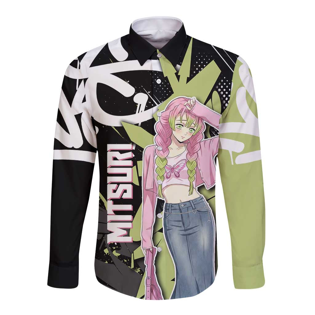 Mitsuri Kanroji Demon Slayer Long Sleeve Button Shirt Green & Black Graffiti Anime