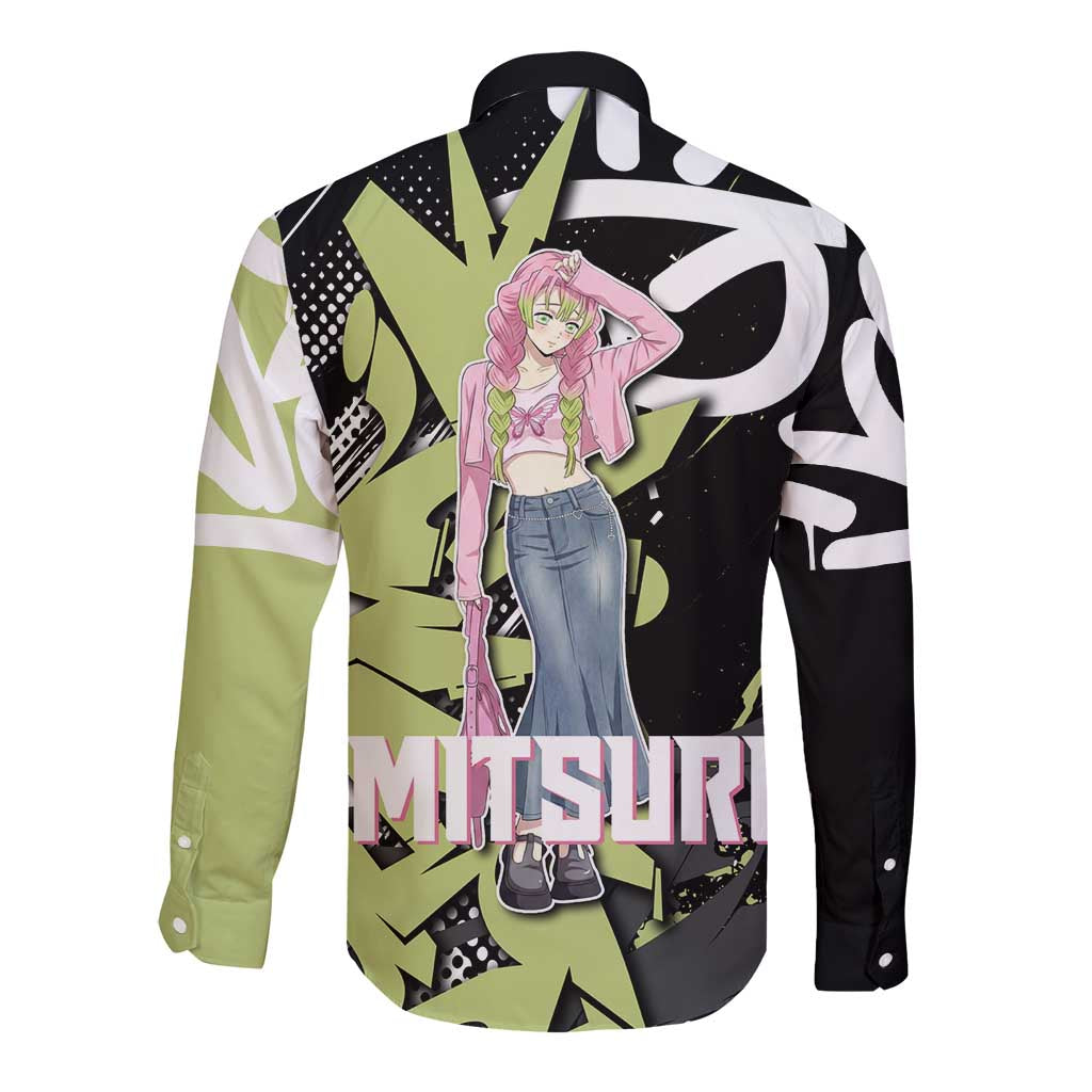 Mitsuri Kanroji Demon Slayer Long Sleeve Button Shirt Green & Black Graffiti Anime