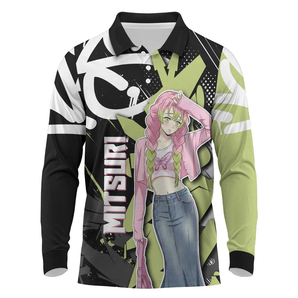 Mitsuri Kanroji Demon Slayer Long Sleeve Polo Shirt Green & Black Graffiti Anime