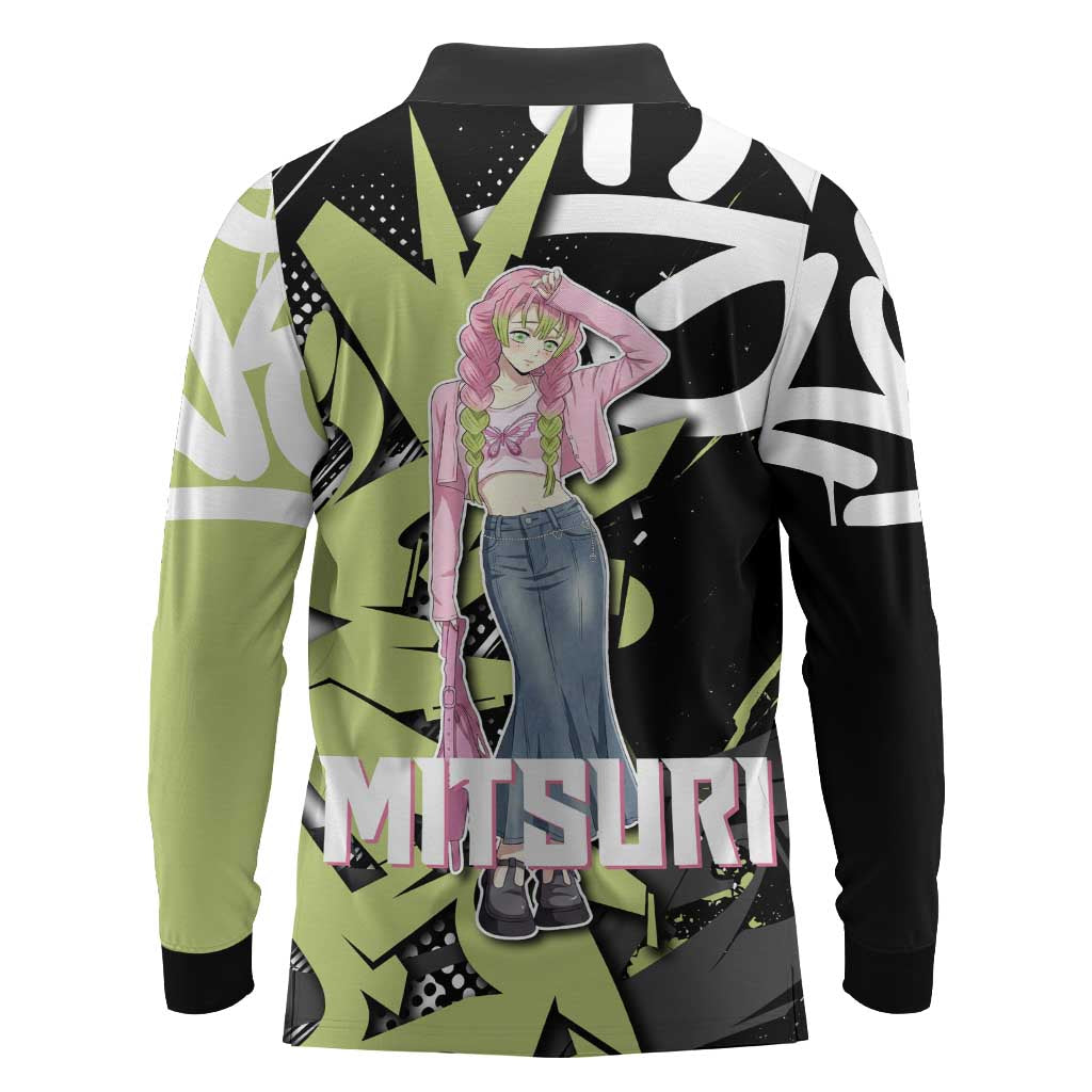 Mitsuri Kanroji Demon Slayer Long Sleeve Polo Shirt Green & Black Graffiti Anime
