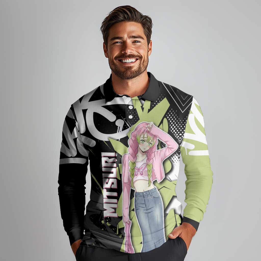 Mitsuri Kanroji Demon Slayer Long Sleeve Polo Shirt Green & Black Graffiti Anime