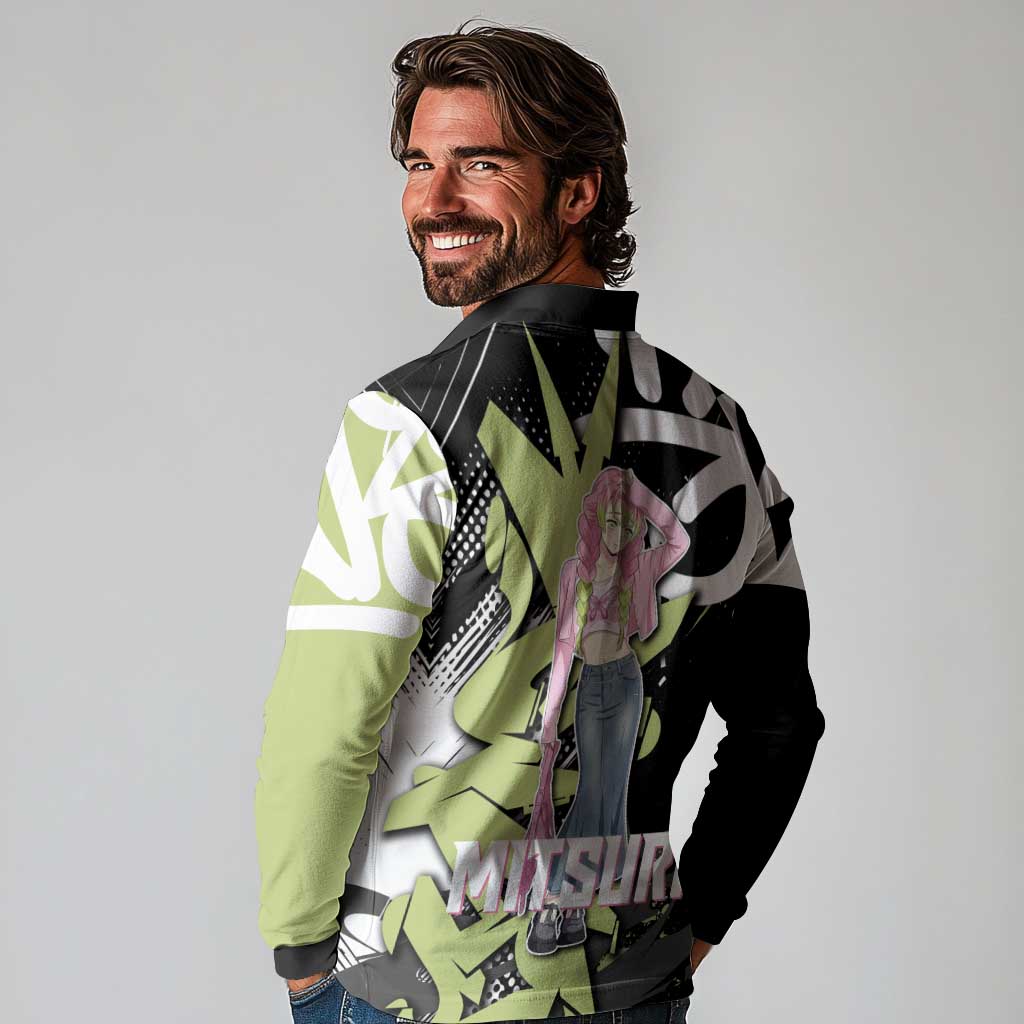 Mitsuri Kanroji Demon Slayer Long Sleeve Polo Shirt Green & Black Graffiti Anime