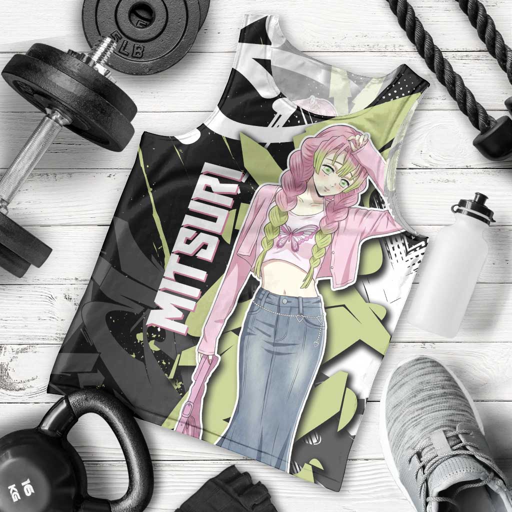 Mitsuri Kanroji Demon Slayer Men Tank Top Green & Black Graffiti Anime