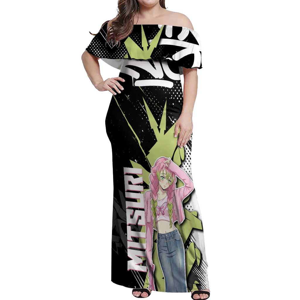 Mitsuri Kanroji Demon Slayer Off Shoulder Maxi Dress Green & Black Graffiti Anime