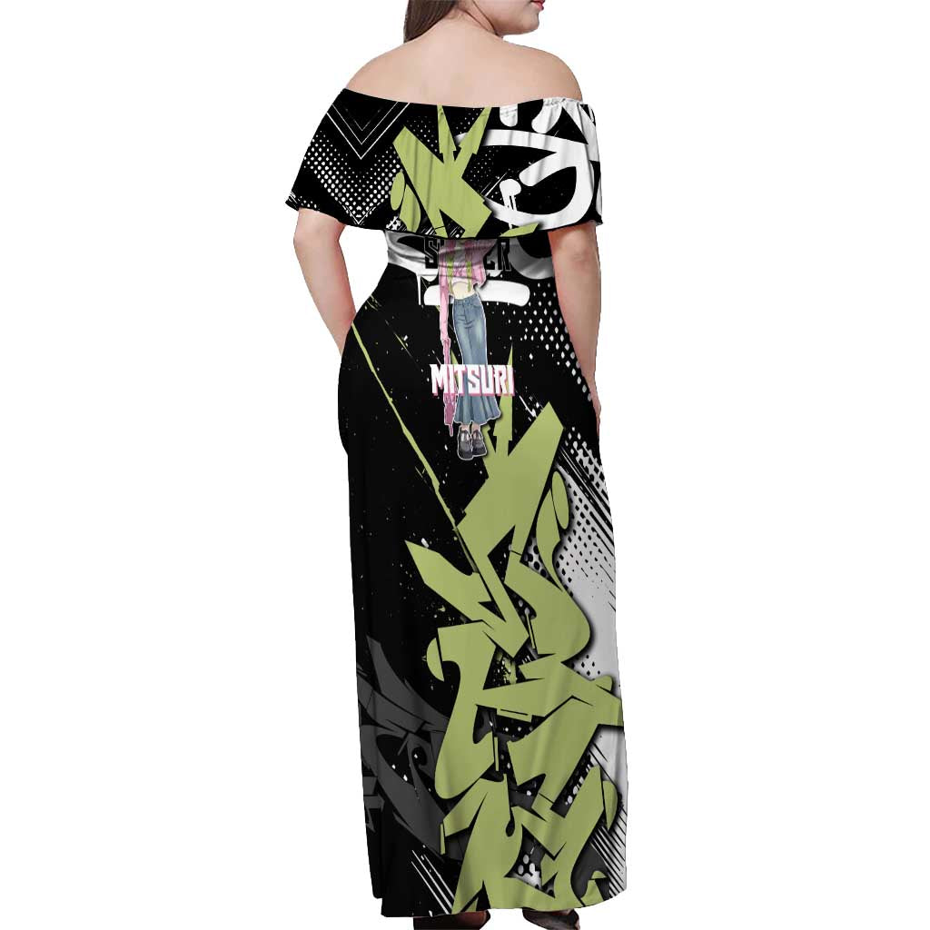 Mitsuri Kanroji Demon Slayer Off Shoulder Maxi Dress Green & Black Graffiti Anime