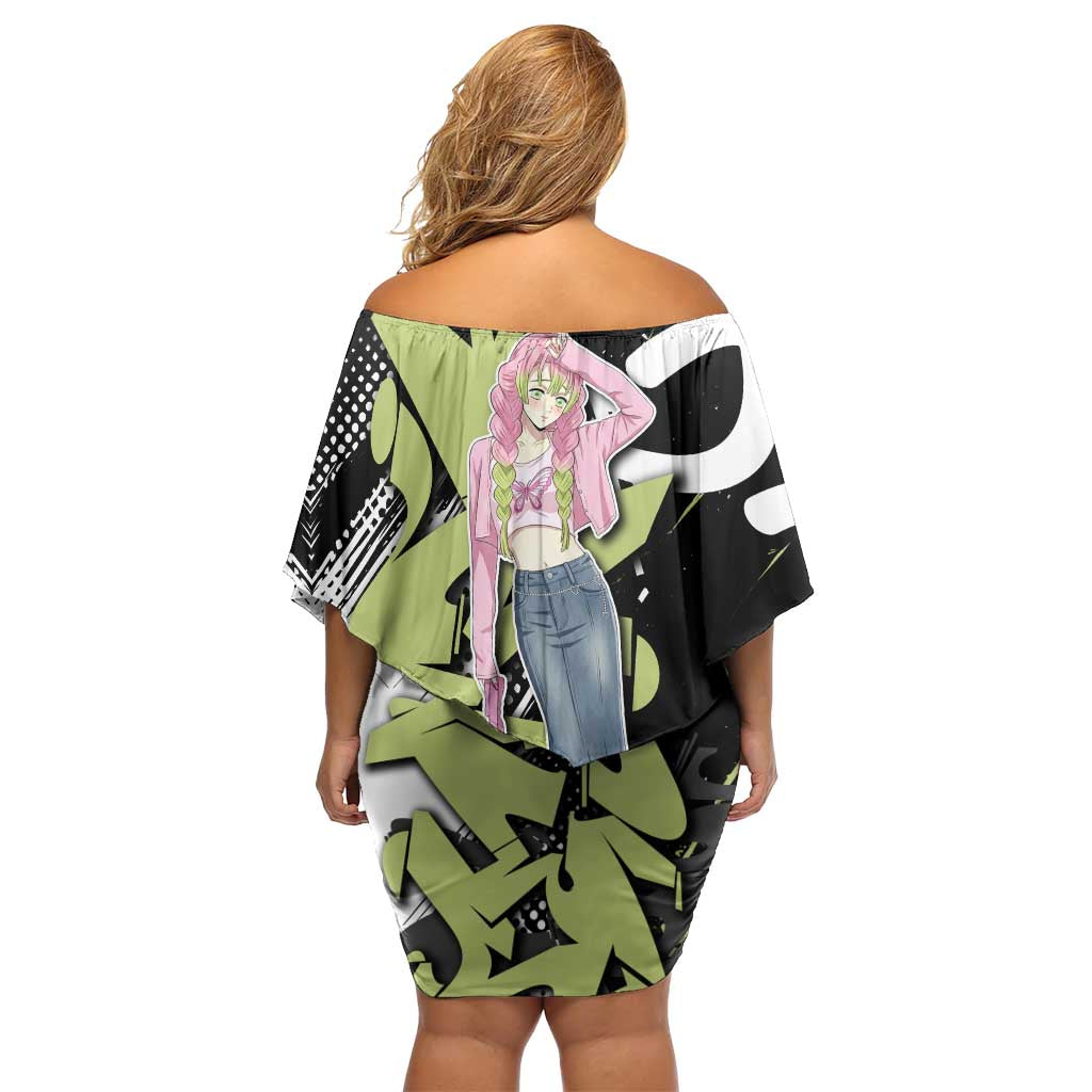 Mitsuri Kanroji Demon Slayer Off Shoulder Short Dress Green & Black Graffiti Anime