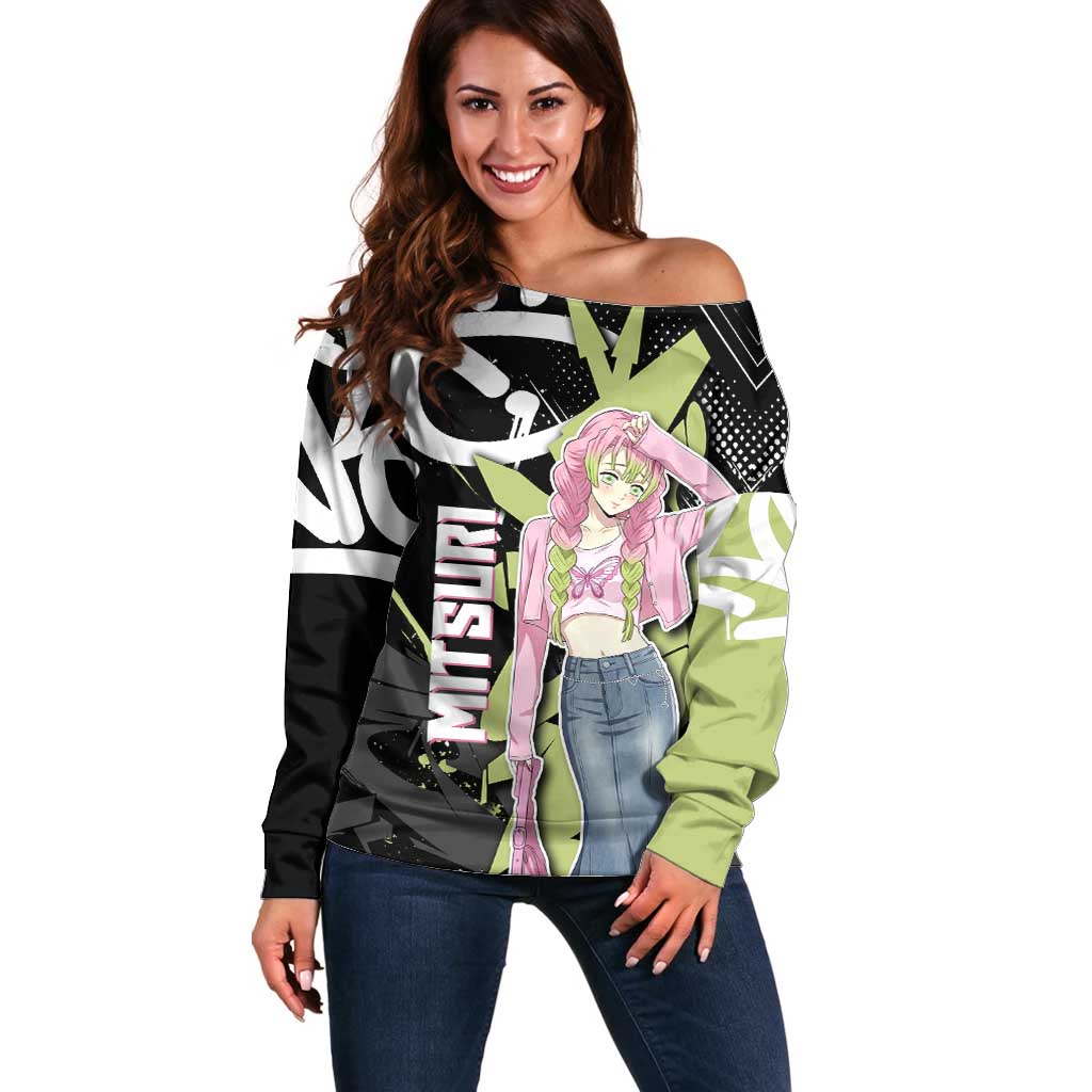 Mitsuri Kanroji Demon Slayer Off Shoulder Sweater Green & Black Graffiti Anime