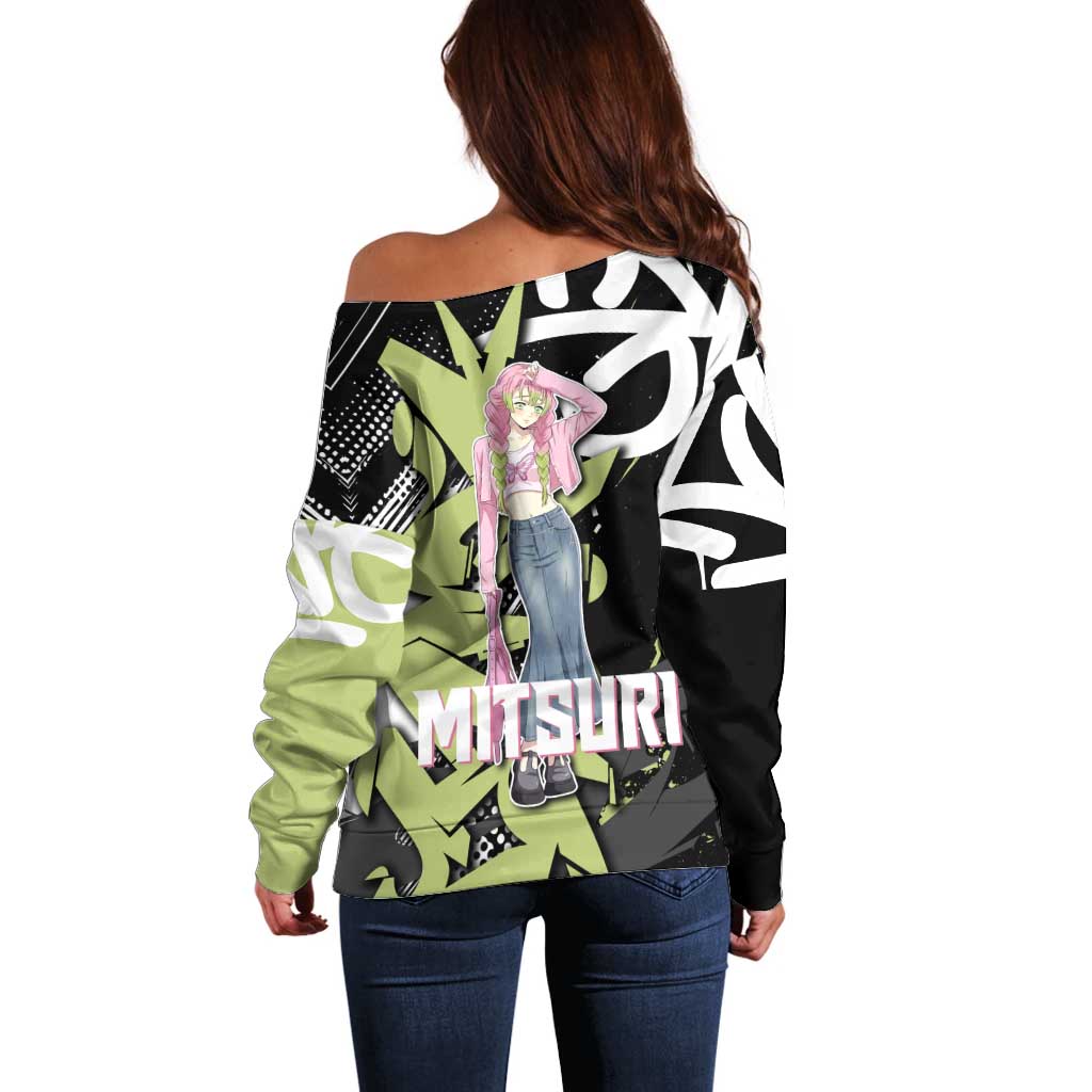 Mitsuri Kanroji Demon Slayer Off Shoulder Sweater Green & Black Graffiti Anime
