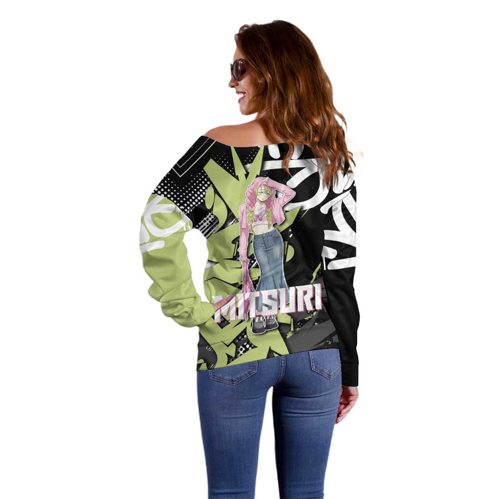 Mitsuri Kanroji Demon Slayer Off Shoulder Sweater Green & Black Graffiti Anime