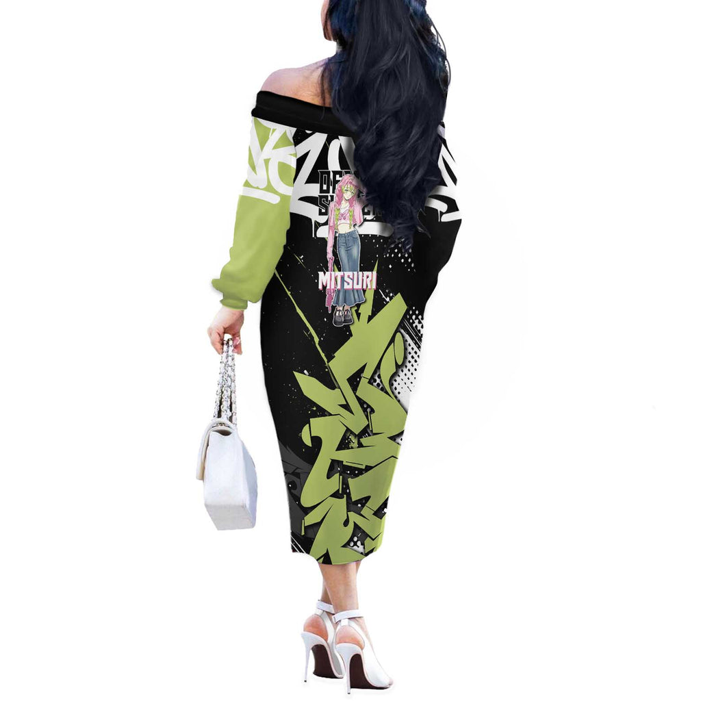 Mitsuri Kanroji Demon Slayer Off The Shoulder Long Sleeve Dress Green & Black Graffiti Anime