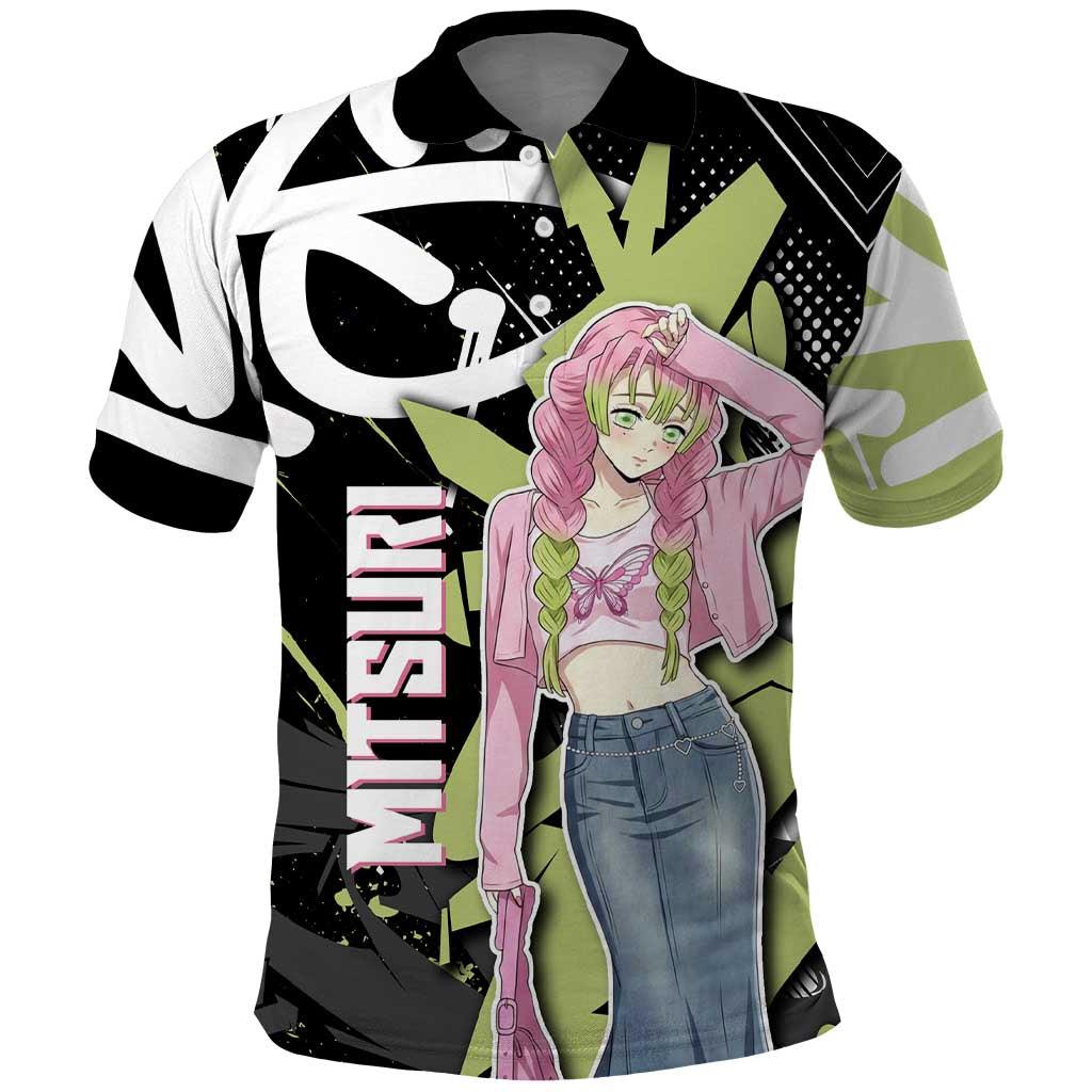 Mitsuri Kanroji Demon Slayer Polo Shirt Green & Black Graffiti Anime