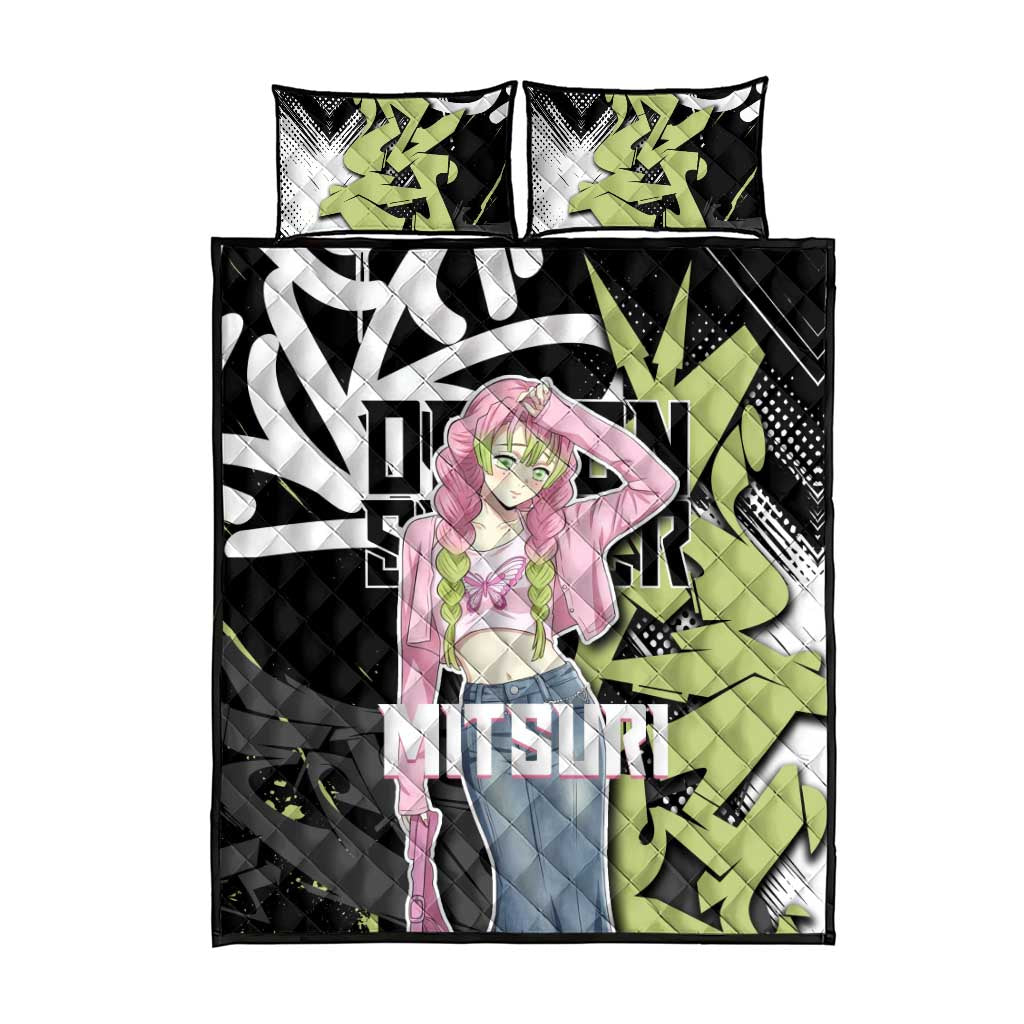 Mitsuri Kanroji Demon Slayer Quilt Bed Set Green & Black Graffiti Anime