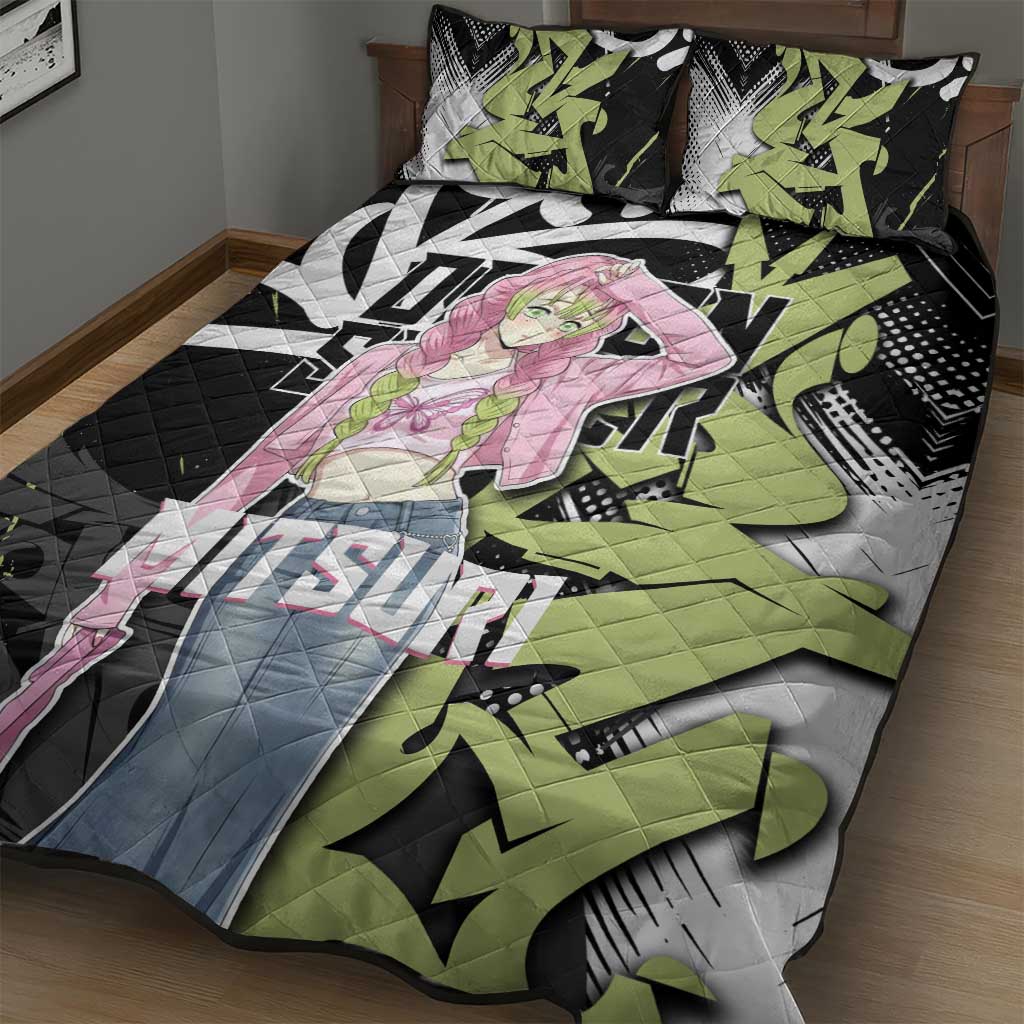 Mitsuri Kanroji Demon Slayer Quilt Bed Set Green & Black Graffiti Anime