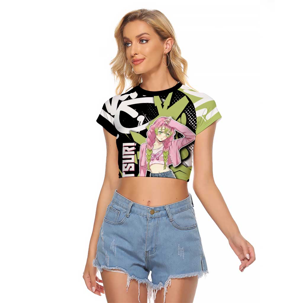Mitsuri Kanroji Demon Slayer Raglan Cropped T Shirt Green & Black Graffiti Anime