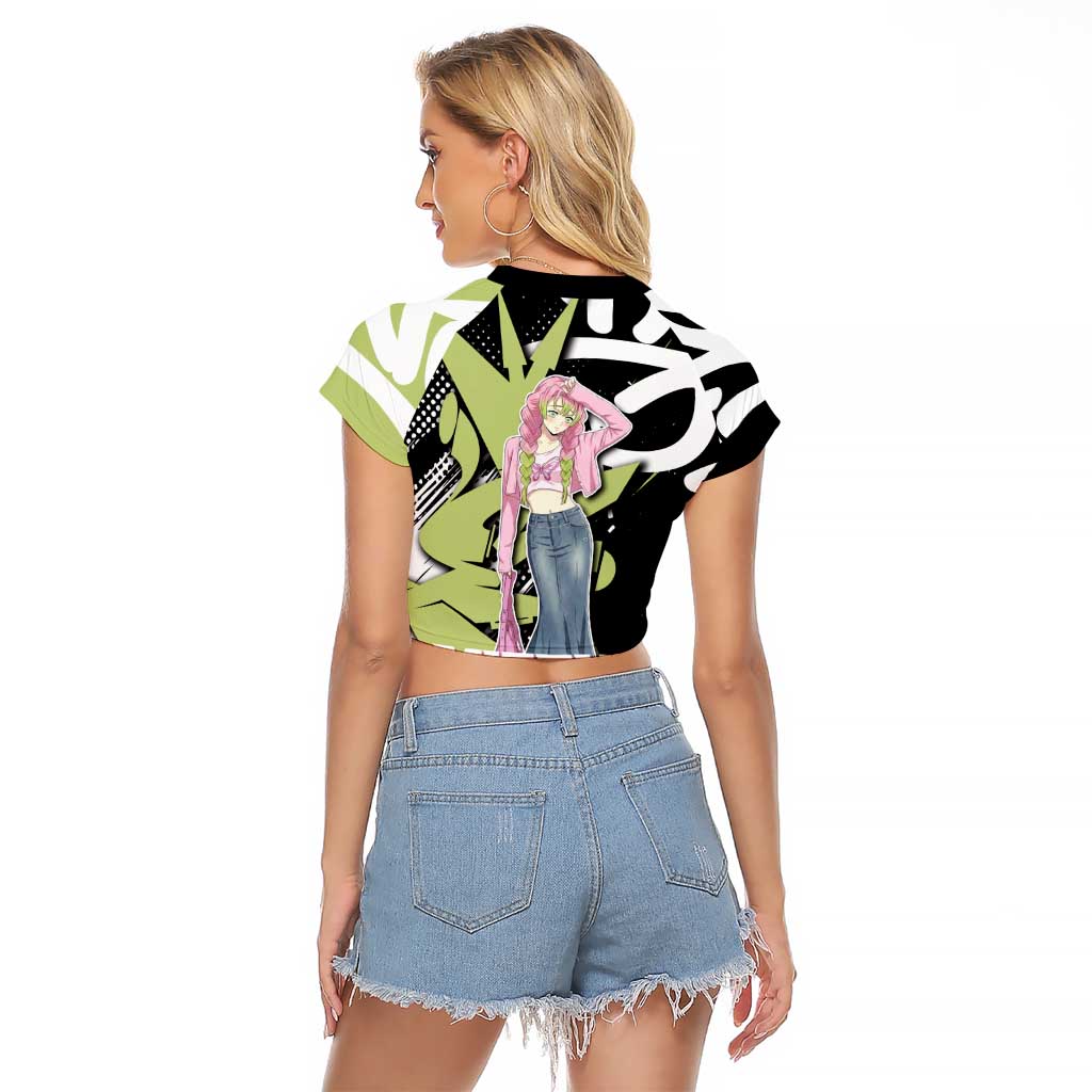 Mitsuri Kanroji Demon Slayer Raglan Cropped T Shirt Green & Black Graffiti Anime