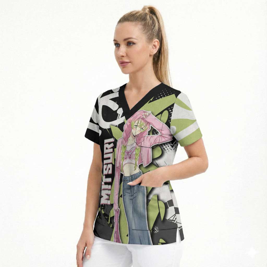 Mitsuri Kanroji Demon Slayer Scrub Top Green & Black Graffiti Anime